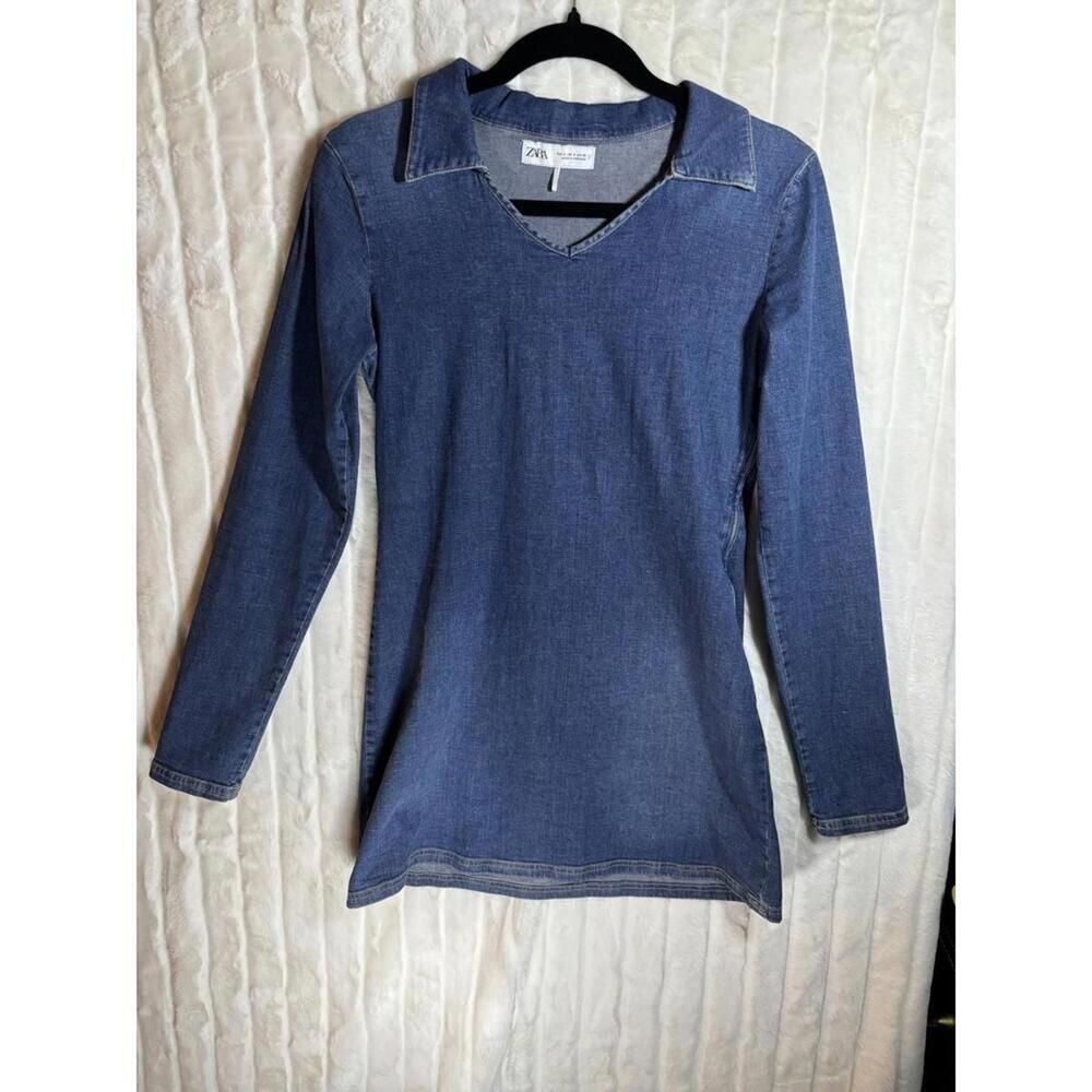 Zara Retro Denim Longsleeve Smooth Mini Dress Side Zip V Neck Collared Small S